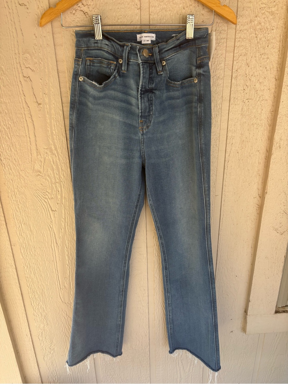 Good American High Rise Kick Flare Jeans Light Wash Raw Hem Size 2/26